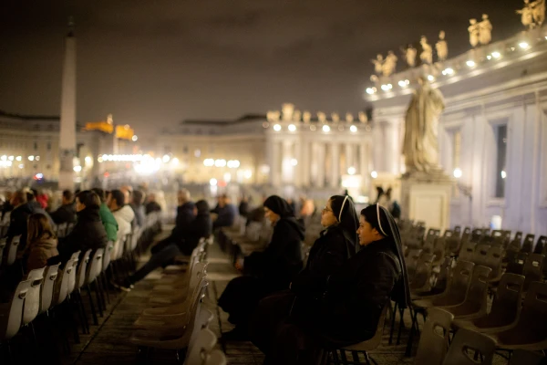 Religious sisters pray during eucharistic adoration in St. Peter's Square March 14, 2023. Daniel Ibanez/CNA