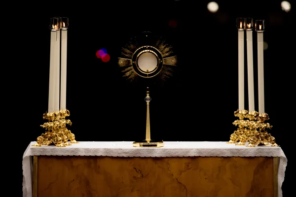 The Eucharist was displayed in a gold monstrance for adoration in St. Peter's Square March 14, 2023. Daniel Ibanez/CNA