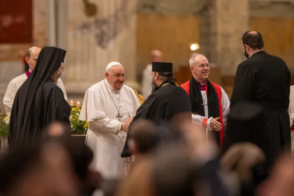 Pope Francis and Archbishop of Canterbury Justin Welby exchange greetings with other Christian leaders at an ecumenical second vespers at the Basilica of St. Paul Outside the Walls in Rome on the feast of the Conversion of St. Paul, Jan. 25, 2024. Credit: Daniel Ibañez/CNA
