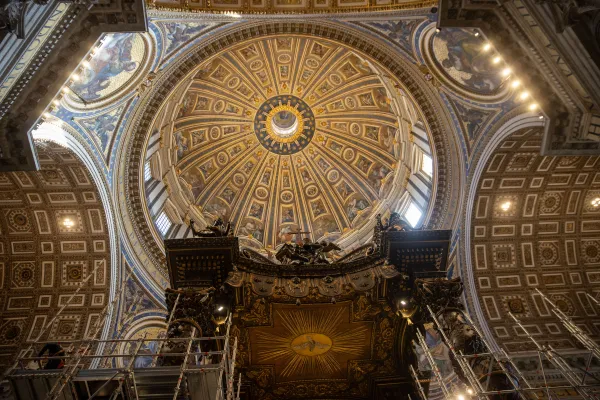 A view of the baldacchino underneath the central dome of St. Peter's Basilica. Credit: Daniel Ibanez