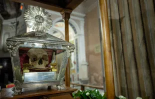 The purported skull of St. Thomas Aquinas in the Italian town of Priverno. Credit: Daniel Ibanez/CNA