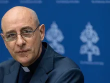 Cardinal Victor Manuel Fernández, prefect of the Dicastery on the Doctrine of the Faith, speaks during a press conference about a new Vatican document on human dignity on April 8, 2024.