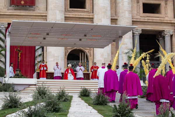 Cardinals and bishops carry intricately decorated palm branches in the Palm Sunday procession in St. Peter's Square on March 24, 2024. Credit: Bénédicte Cedergren/EWTN News