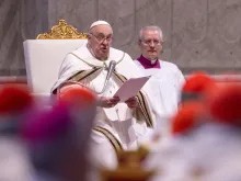 Pope Francis speaks at the Vatican's Chrism Mass on Holy Thursday, March 28, 2024.