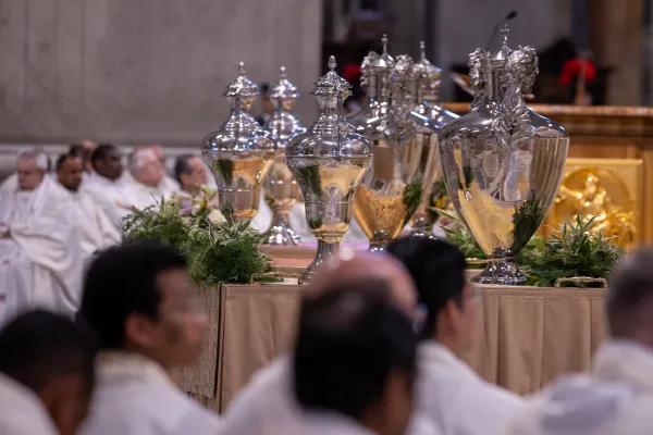 Urns of oil are displayed at the Vatican's Chrism Mass on Holy Thursday, March 28, 2024. Credit: Daniel Ibanez/CNA