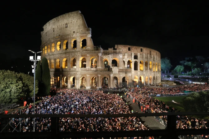 Colosseum in Rome during the traditional Via Crucis ceremony on Good Friday, April 18, 2025,