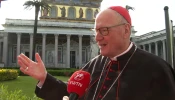 The archbishop of New York, Cardinal Timothy Dolan, speaks to EWTN News on Friday, April 25, 2025, at the  Basilica of St. Paul Outside the Walls in Rome.