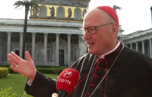 The archbishop of New York, Cardinal Timothy Dolan, speaks to EWTN News on Friday, April 25, 2025, at the  Basilica of St. Paul Outside the Walls in Rome. Credit: Screenshot/EWTN News