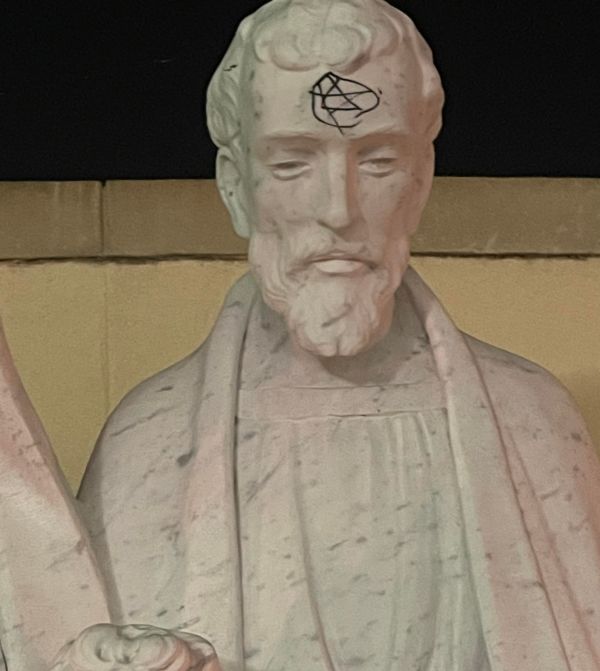 Satanic and vulgar markings defaced statues representing the Holy Family in an act of vandalism on Feb. 22, 2022 at Holy Family Catholic Church in Jacksonville, Florida. This image shows a satanic symbol on St. Joseph's forehead. Courtesy of Father David Keegan