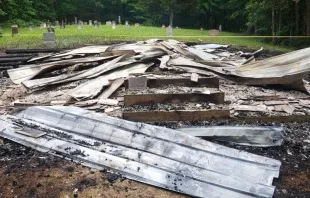 The charred remains of St. Colman Catholic Church in Shady Spring, West Virginia, which was destroyed in a suspected arson attack on Sunday, June 26, 2022. Courtesy of Beaver Volunteer Fire Department