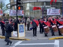 More than 120 members of the The American Society for the Defense of Tradition, Family and Property held a prayer rally outside SatanCon on Friday, April 28, in Boston, Massachusetts.
