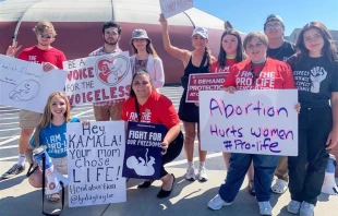 Lydia Taylor (blue shirt), and other student pro-life protesters from across the state of North Carolina traveled to North Carolina A&T University in Greensboro on Sept. 15, 2023, to demonstrate outside of Vice President Kamala Harris's speech calling for the expansion of abortion access. Credit: Students for Life of America
