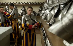Swiss Guard cadets prepare their armor in the guards' barracks at the Vatican on April 30, 2024. Credit: Matthew Santucci/CNA
