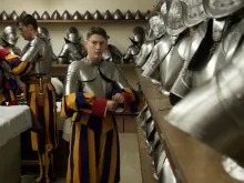 Swiss Guard cadets prepare their armor in the guards' barracks at the Vatican on April 30, 2024.