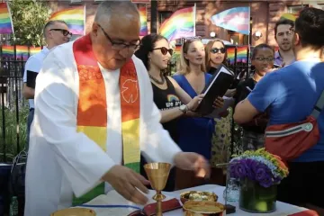 Father Gil Martinez at Pride Mass, Stonewall National Monument in 2019