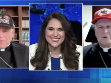 San Francisco Archbishop Salvatore Cordileone (left) and Diocese of Kansas City-St. Joseph Bishop James Johnston (right) made a friendly Super Bowl wager on “EWTN News in Depth” with Montse Alvarado on Friday, Feb. 9, 2024.