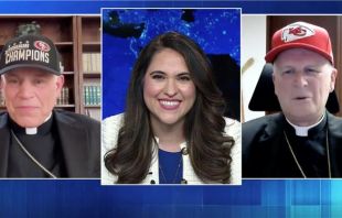 San Francisco Archbishop Salvatore Cordileone (left) and Diocese of Kansas City-St. Joseph Bishop James Johnston (right) made a friendly Super Bowl wager on “EWTN News in Depth” with Montse Alvarado on Friday, Feb. 9, 2024. Credit: EWTN News