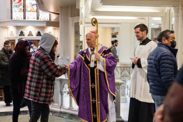 Archbishop Samuel Aquila of Denver greets the faithful after Mass at the Cathedral Basilica of the Immaculate Conception on Ash Wednesday, Feb. 22, 2023. Credit: Allison Holdridge/Archdiocese of Denver