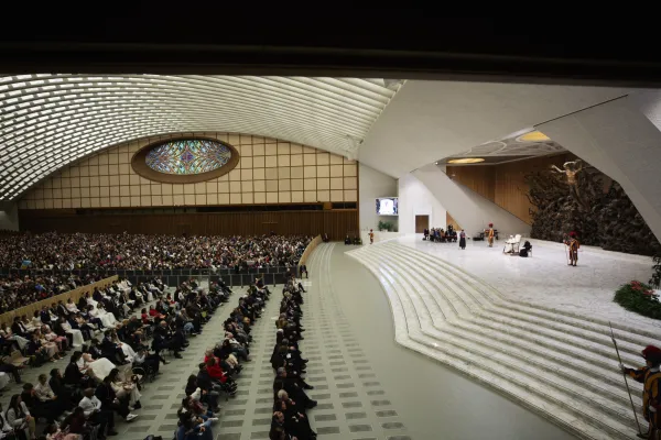 Pope Francis delivers his remarks at his Wednesday general audience to pilgrims in the Paul VI Audience Hall on Dec. 27, 2023. Credit: Vatican Media