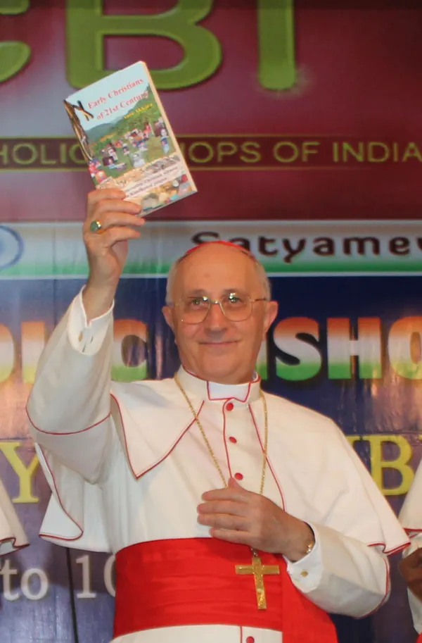 Cardinal Fernando Filoni announces Anto Akkara's '"Early Christians of 21st Century' at the Marian Shrine of Vailankanni in February 2013 at the Silver Jubilee conference of the Conference of Catholic Bishops of India (CCBI - Latin rite dioceses) in southern Tamil Nadu state. Photo credit: Anto Akkara
