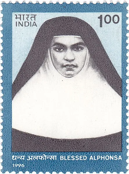 1996 stamp of India with photo of St. Alphonsa. India Post, Government of India via Wikimedia Commons