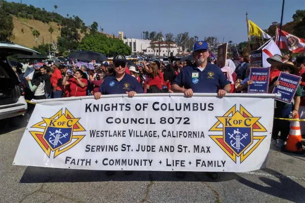 Knights of Columbus join protestors to pray outside Dodger Stadium on June 16, 2023. Photo courtesy of CatholicVote