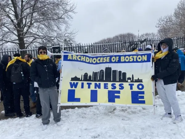 Pilgrims from the Archdiocese of Boston marched under a banner proclaiming “Witness to Life” at the March for Life on Jan. 19, 2024. Credit: Joe Bukuras/CNA