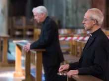 Cardinal Nichols and the Archbishop of Canterbury pray at Westminster Cathedral, London, June 15, 2020.