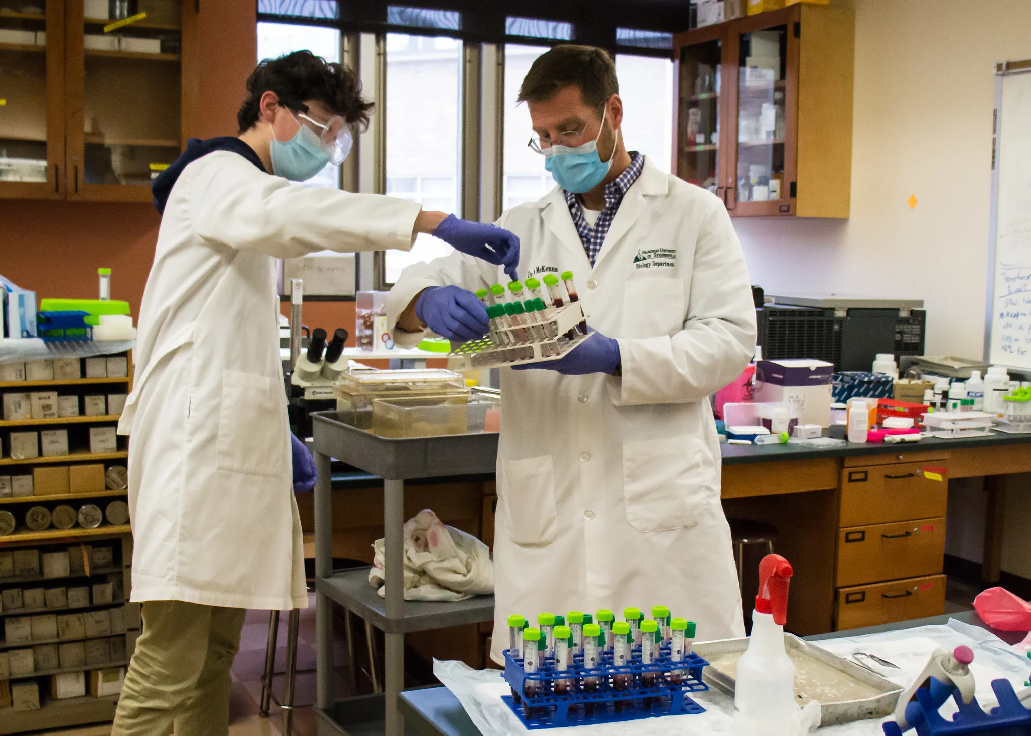 Biology major Michael Rohall and Franciscan University biology professor Dr. Kyle McKenna prepare to analyze blood samples for coronavirus specific antibodies. Photo courtesy of the Franciscan University of Steubenville.?w=200&h=150