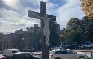 A crucifix that was vandalized at Boston’s Cathedral of the Holy Cross on Oct. 25, 2023, has since been repaired. Credit: Joe Bukuras/CNA