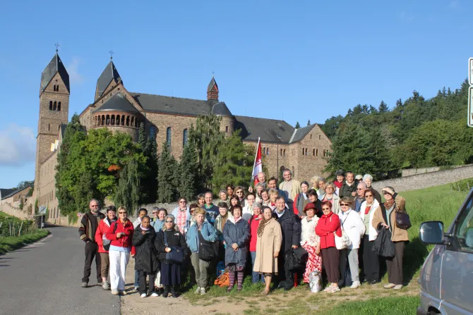 Pilgrimas in front of St. Hildegard Abbey in Ebingen, Germany