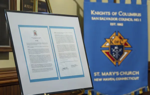 A decree by Archbishop Leonard P. Blair of the Archdiocese of Hartford has merged New Haven's seven Catholic parishes into the new Blessed Michael McGivney Parish. The decree was displayed at St. Mary’s — birthplace of the Knights of Columbus — on June 12, 2023. Tamino Petelinšek