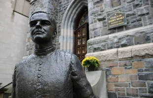 A statue of Blessed Michael McGivney, sculpted by Stanley Bliefeld, is displayed outside of St. Mary’s Church in New Haven, Connecticut. Bethany Ippolito, 2020