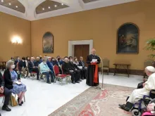 Pope Francis meets participants in the international conference ‘Lines of Development of the Global Compact on Education’ in a room adjacent to the Vatican's Paul VI Hall, June 1, 2022.
