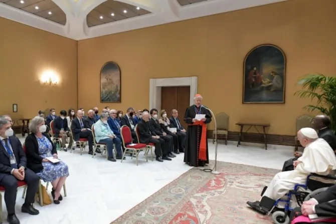 Pope Francis meets participants in the international conference ‘Lines of Development of the Global Compact on Education’ in a room adjacent to the Vatican's Paul VI Hall, June 1, 2022.