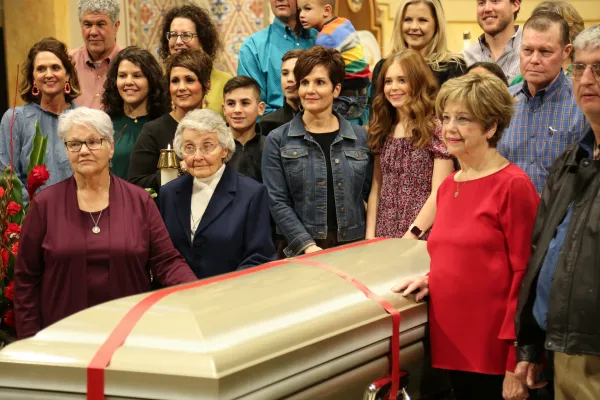 Members of Blessed Stanley Rother's family surround his coffin, including (first row, second from left) his sister Sister Marita Rother from the Congregation of the Adorers of the Blood of Christ (Wichita, Kansas). Joe Holdren/EWTN News