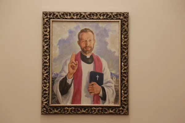 A painting of the namesake at the new Blessed Stanley Rother Shrine in Oklahoma City. Joe Holdren/EWTN News