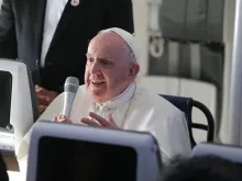 Pope Francis takes questions from members of the press on the flight to Rome from Bahrain.