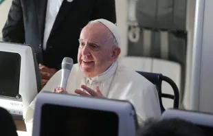Pope Francis takes questions from members of the press on the flight to Rome from Bahrain. Alexey Gotovsky/EWTN