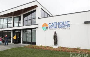 The statue of the Blessed Mother pictured before the incident on its pedestal in front of the headquarters of Catholic Social Services of Southern Nebraska. Credit: Catholic Social Services of Southern Nebraska