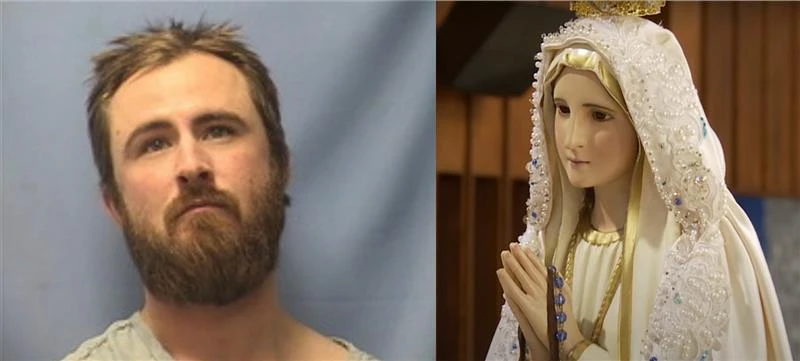 Jerrid Farnam, 32, has been charged with several felonies in connection with a violent vandalism at Subiaco Abbey in Subiaco, Arkansas, on Jan. 5, 2023. He said he was about to begin breaking open the tabernacle where the consecrated bread is kept, but something stopped him in his tracks: a statue of the Virgin Mary.?w=200&h=150
