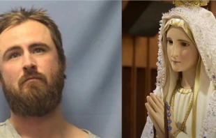 Jerrid Farnam, 32, has been charged with several felonies in connection with a violent vandalism at Subiaco Abbey in Subiaco, Arkansas, on Jan. 5, 2023. He said he was about to begin breaking open the tabernacle where the consecrated bread is kept, but something stopped him in his tracks: a statue of the Virgin Mary. Credit: Logan County Sheriff's Office / Suzanne Stratford YouTube screen shot