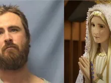 Jerrid Farnam, 32, has been charged with several felonies in connection with a violent vandalism at Subiaco Abbey in Subiaco, Arkansas, on Jan. 5, 2023. He said he was about to begin breaking open the tabernacle where the consecrated bread is kept, but something stopped him in his tracks: a statue of the Virgin Mary.