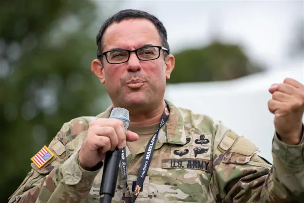 Father Peter Pomposello, a Catholic priest and U.S. Army Chaplain, is a former paratrooper and has been on five combat deployments. He spoke to youth at the "Journey: Why did they come?" youth rally on St. Clements Island, Maryland, Sept. 30, 2023. Credit: Jeffrey Bruno