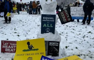 A snowman adorned with signs at the 51st March for Life, Jan, 19, 2024 Christina Herrera / EWTN News