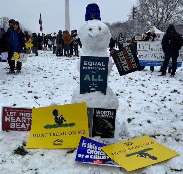 A snowman is adorned with signs at the 51st March for Life, Jan. 19, 2024. Credit: Christina Herrera / EWTN News