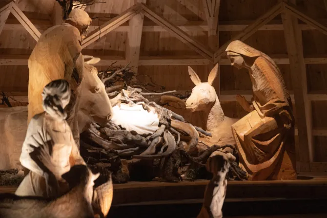 The large wooden nativity scene is hand carved from alpine cedar trees from Italy’s northeasternmost region, Friuli-Venezia Giulia.