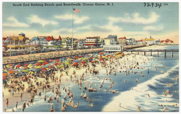 A postcard depicting the beach and boardwalk in Ocean Grove, N.J. Boston Public Library|Flickr|CC BY 2.0