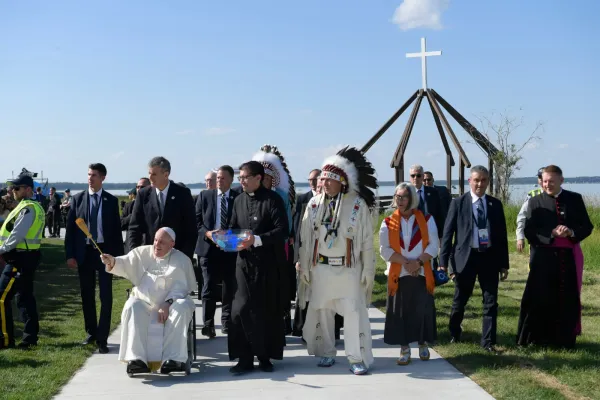 Pope Francis blesses the crowds outside Ste. Anne Shrine at Lac Ste. Anne in Alberta, Canada. Vatican Media