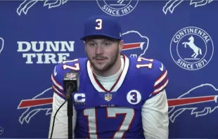 Buffalo Bills quarterback Josh Allen in a post-game press conference on Jan. 8. Buffalo Bills YouTube channel